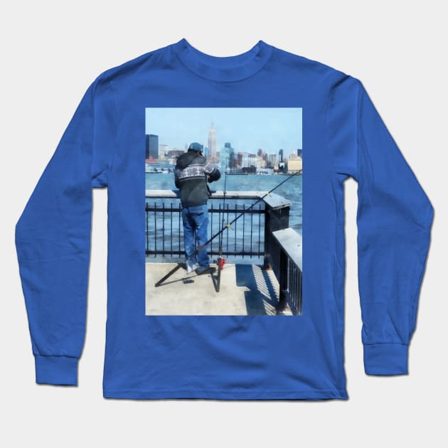 Hoboken NJ - Man Fishing Off Hoboken Pier Long Sleeve T-Shirt by SusanSavad